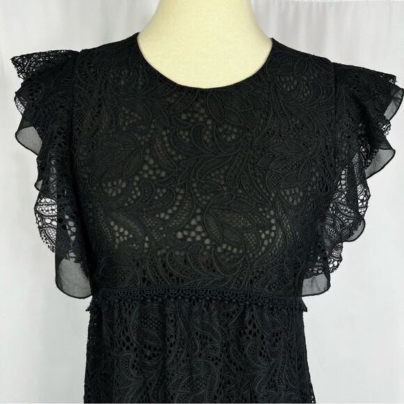 Zara Collection Black Lace Ruffle Cap Sleeve Fit Flare Midi Dress Women’s Small - Picture 2 of 9